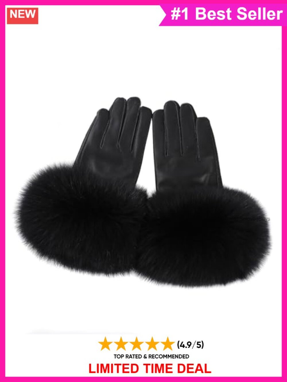 Genuine Lambskin Leather Gloves Real Fox Fur Cuff Velvet Lined Winter Warm